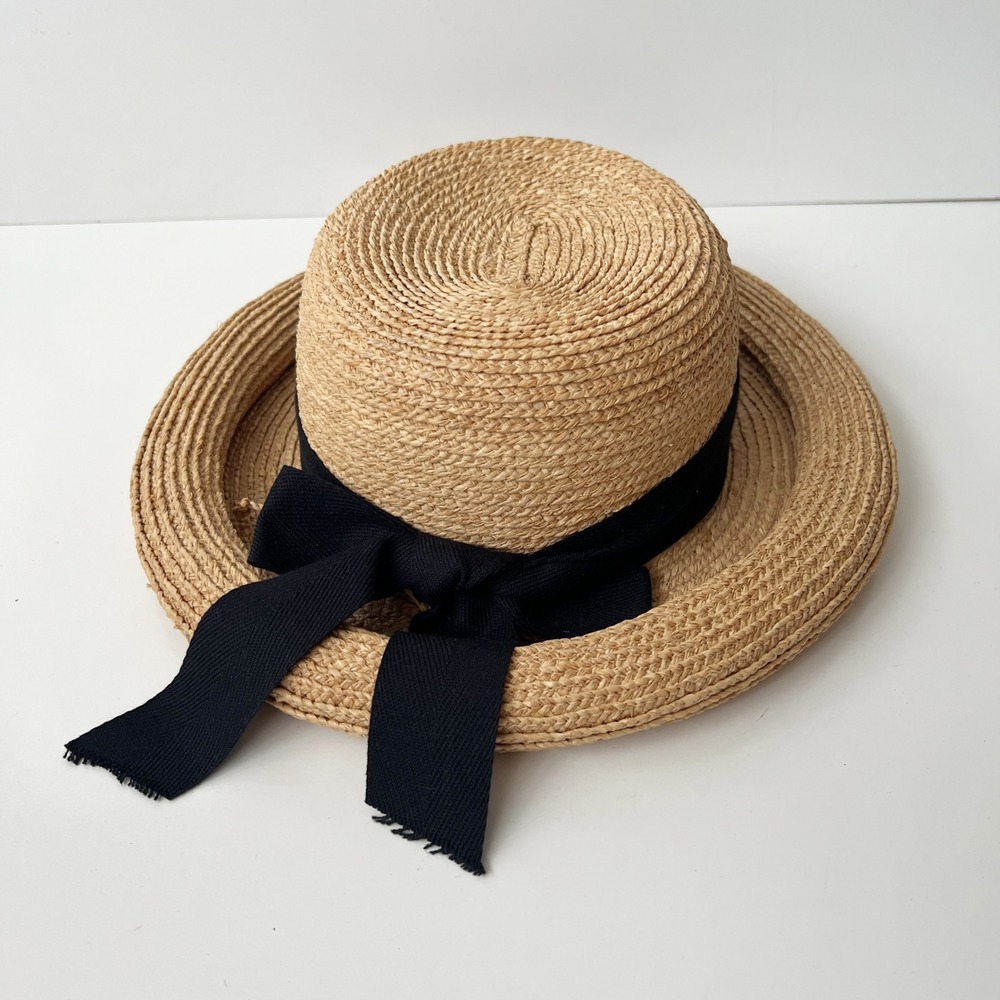 Helen Kaminski Rolled Brim Raffia Hat Tan Straw Black Ribbon Bow Sun Boater Hat